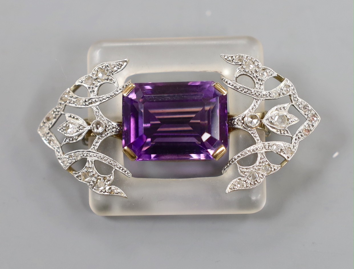 An Art Deco style yellow and white metal, amethyst, rose cut diamond and frosted glass set shaped rectangular brooch, 48mm, gross weight 16.2 grams.